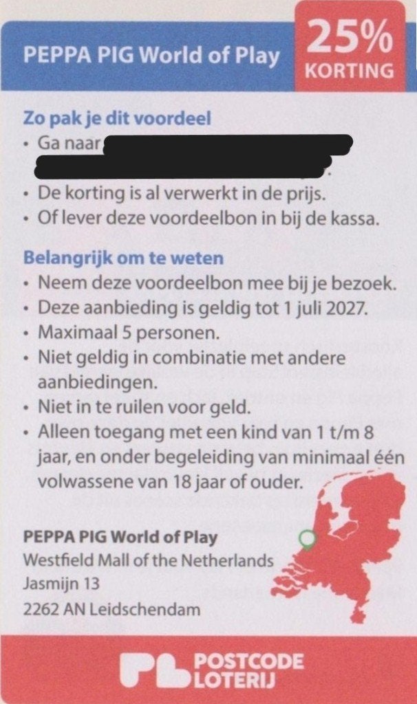 PEPPA PIG World of Play Leidschendam. 25% korting., Tickets en Kaartjes, Drie personen of meer, Kortingskaart