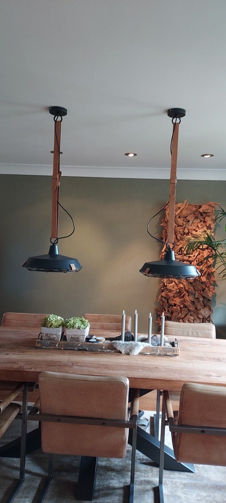 Set van 2 zwarte industriële hanglampen met leren band, Ophalen, Industrieel, Modern, Stoer, E27 (groot), Zo goed als nieuw