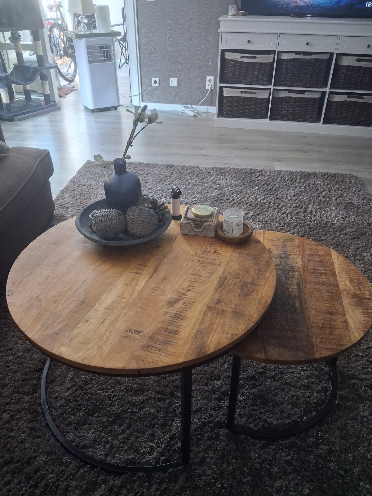 Set van 2 mango houten salontafels, 50 tot 100 cm, Rond, 50 tot 100 cm, Zo goed als nieuw