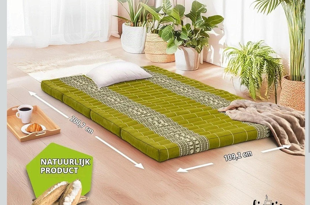 Klapbare Kapok Yogamat - Groen met Olifantenprint, Ophalen, 100 cm, Eenpersoons, Zo goed als nieuw