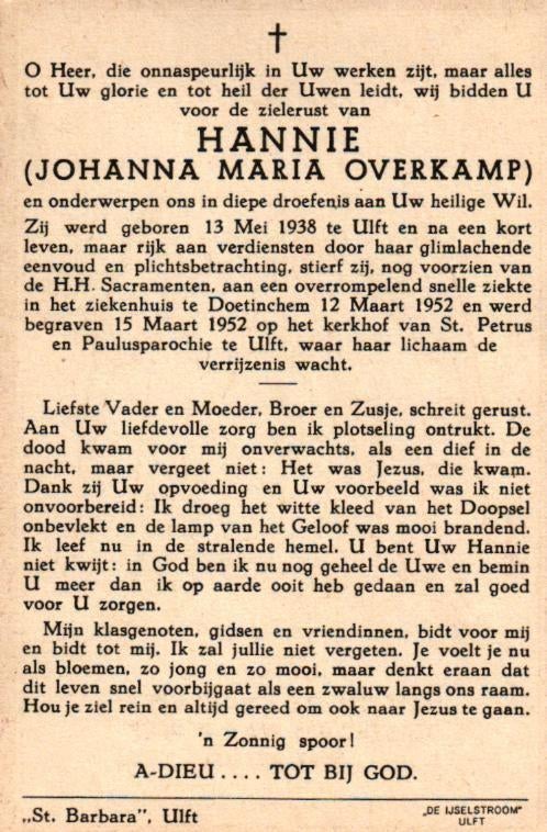 Overkamp Johanna Maria (Hannie) 1938-1952 Ulft, Ophalen of Verzenden
