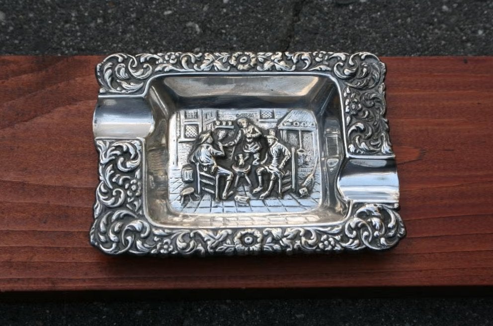 Verzilverde Asbak met Hollands Tafereel, Ophalen of Verzenden, Zilver