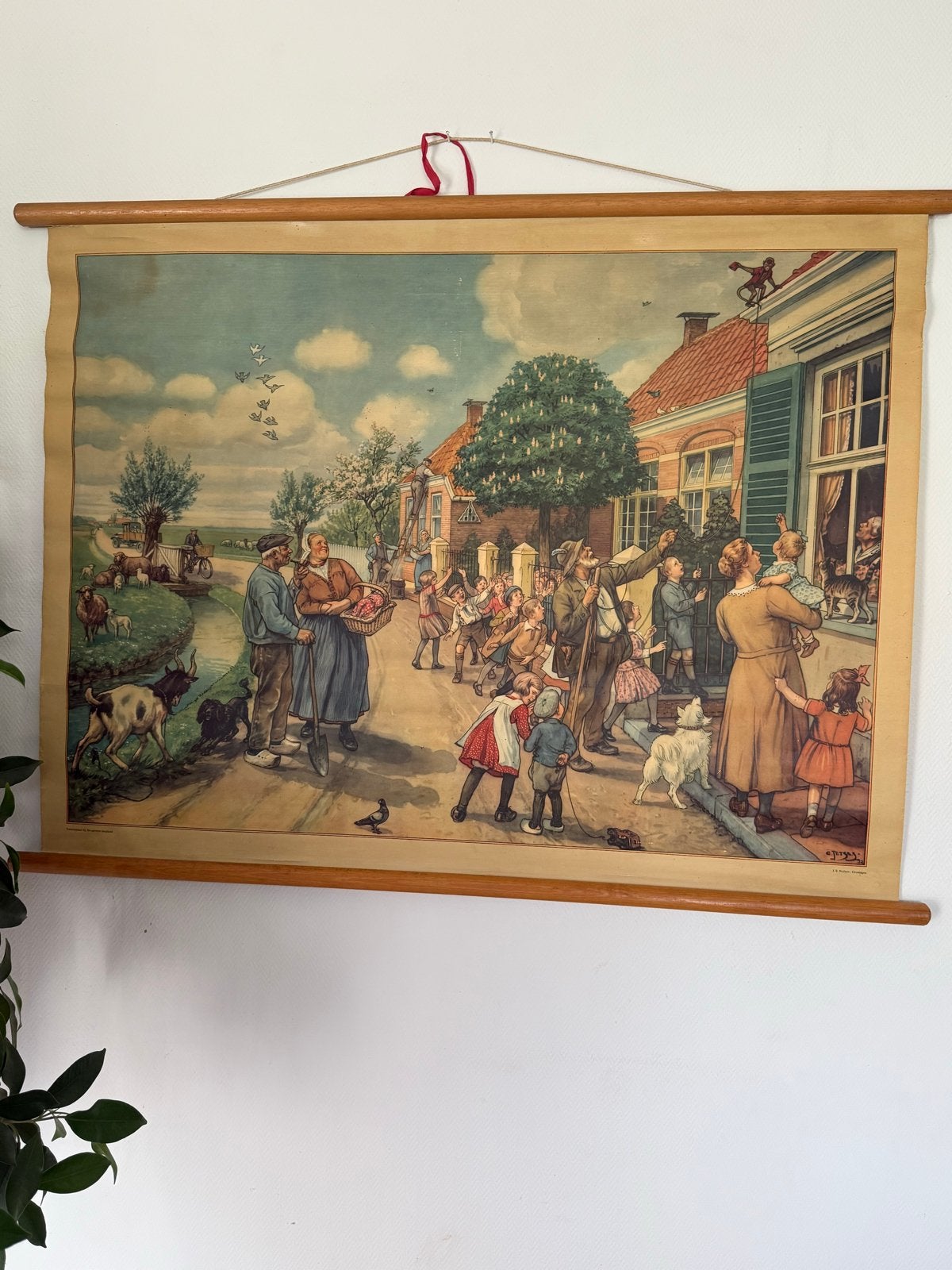 Vintage Schoolplaat: Dorpsgezicht met Kinderen en Dieren, Antiek en Kunst, Antiek | Schoolplaten, Ophalen of Verzenden, Stad- en Dorpsgezichten