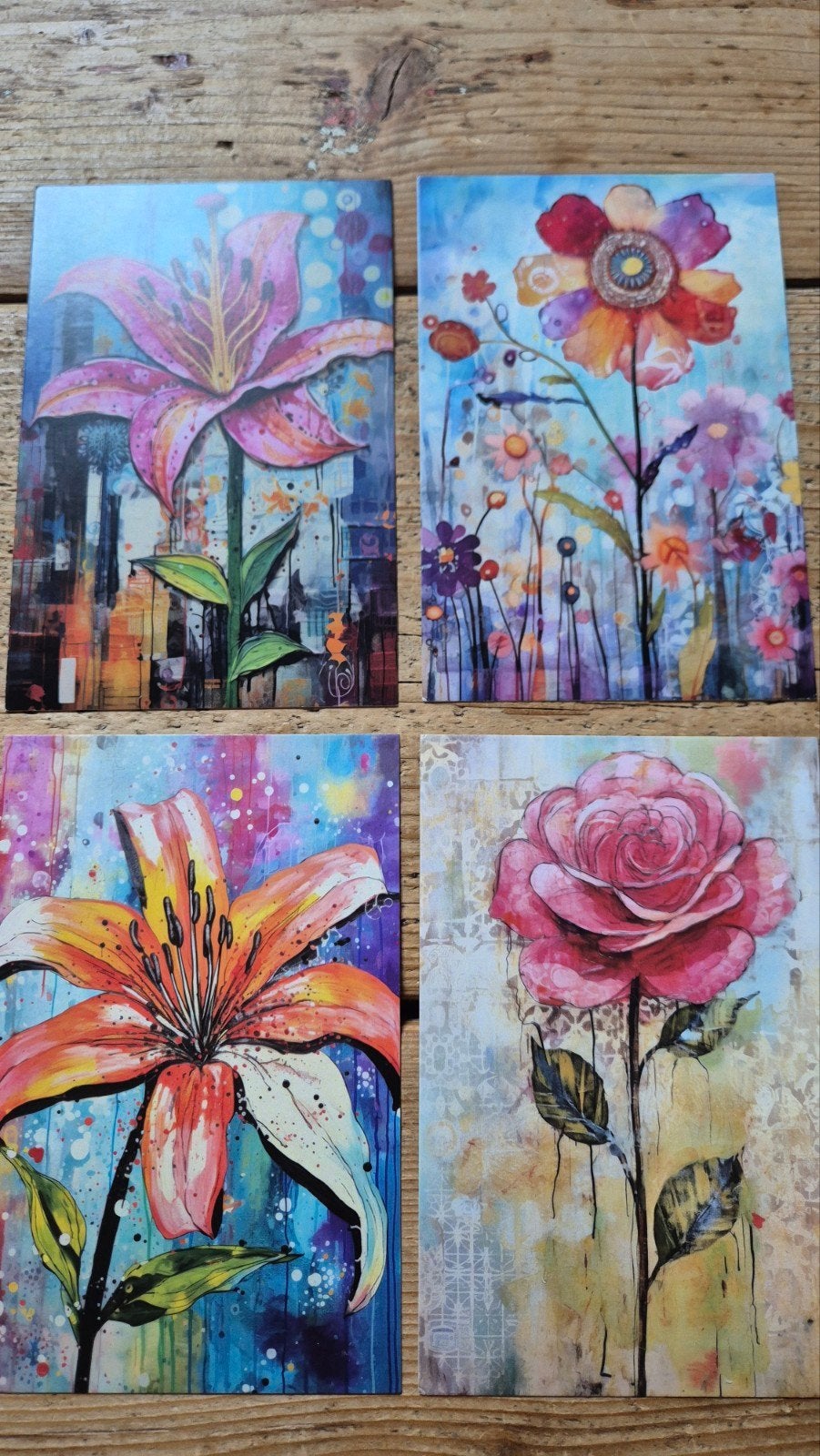 🩷Kleurrijke set van 4 kaarten bloem scrapbook papercraft, Ophalen of Verzenden, 1980 tot heden, Ongelopen, Overige thema's