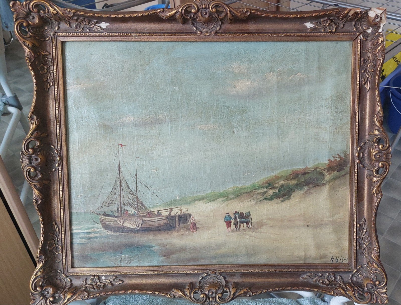 Olieverfschilderij strandgezicht met vissersboot, gesigneerd, Antiek en Kunst, Kunst | Schilderijen | Klassiek, Ophalen