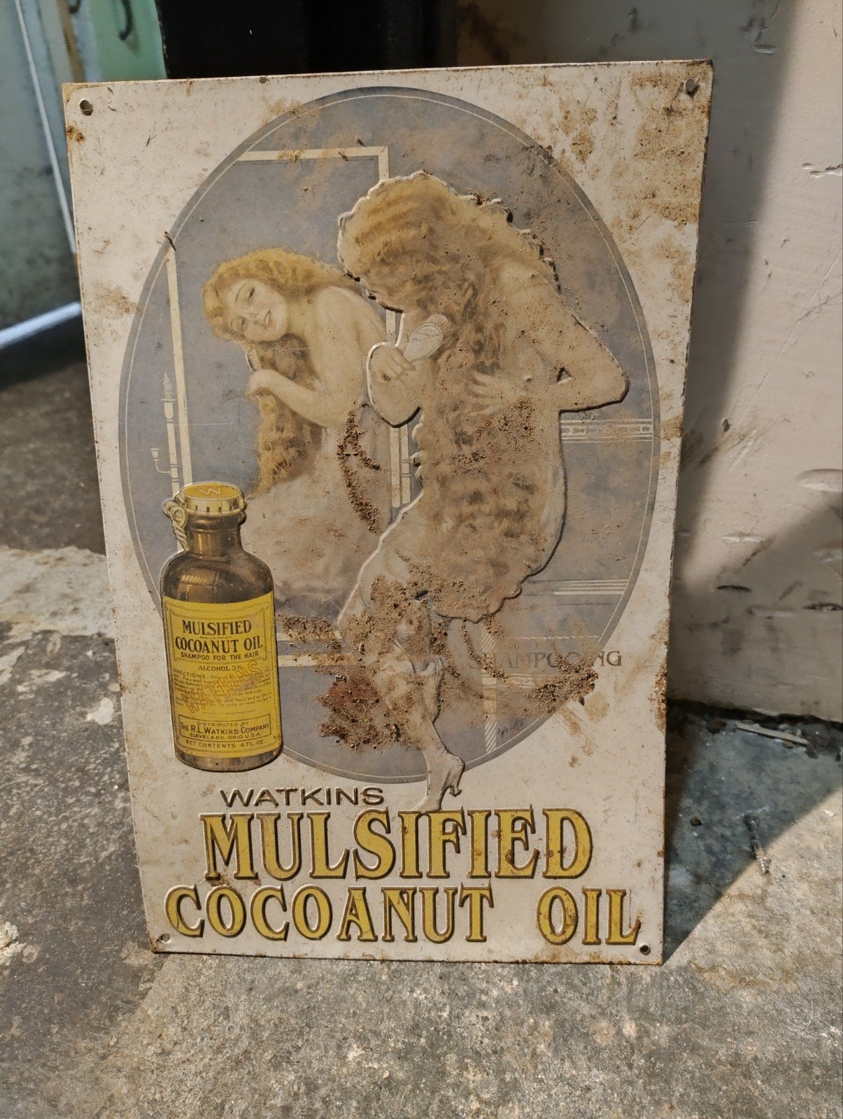 Vintage Emaille Bord - Watkins Mulsiﬁed Coconut Oil, Ophalen