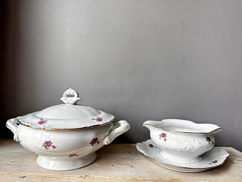 Vintage brocante dekschaal met sauskom roze roosjes high tea, Antiek en Kunst, Antiek | Servies los, Ophalen of Verzenden