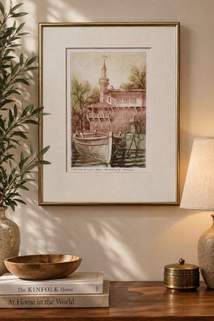 Gesigneerde drypoint/ets “A Boat Near the Castle – Balchick, Ophalen of Verzenden