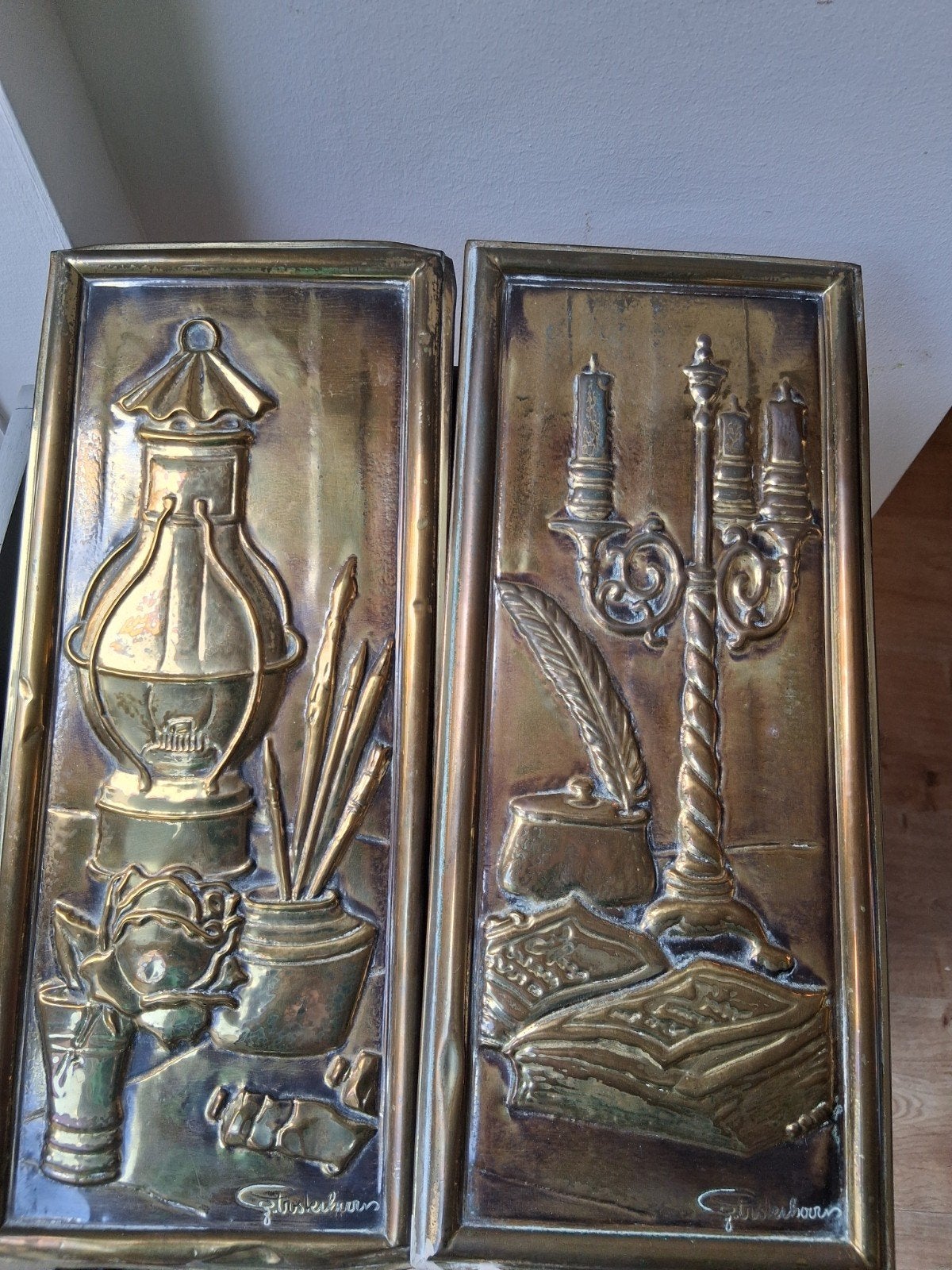 Koperen vintage plaquettes gesigneerd, samen vanaf 17.50, Ophalen of Verzenden
