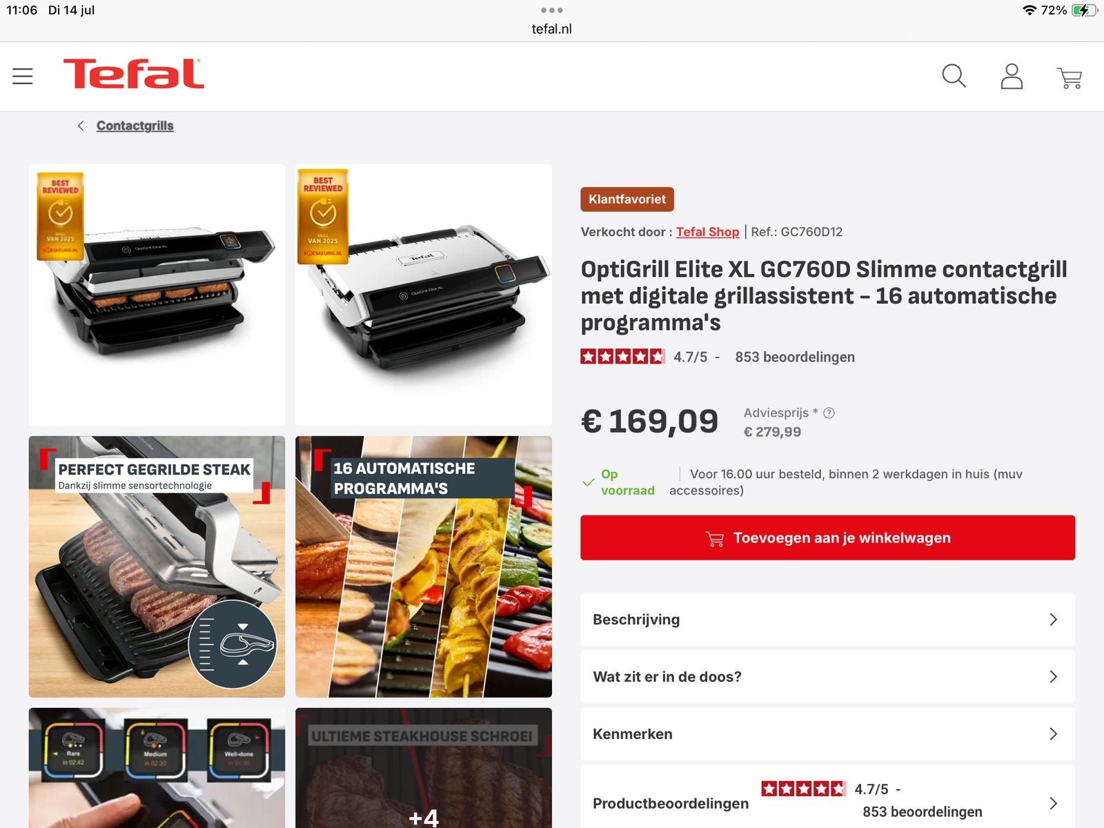 Tefal OptiGrill Elite XL, Ophalen, Nieuw