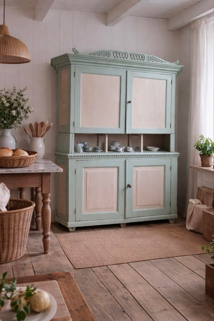 Grote brocante vintage servieskast, landelijke grenen kast, Ophalen