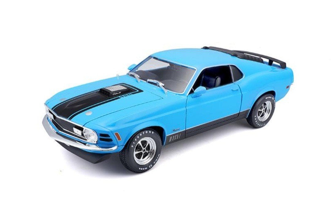 1:18 Ford Mustang Mach I uit 1970 Blauw/Zwart Maisto, Hobby en Vrije tijd, Ophalen of Verzenden, Nieuw, Auto, Maisto
