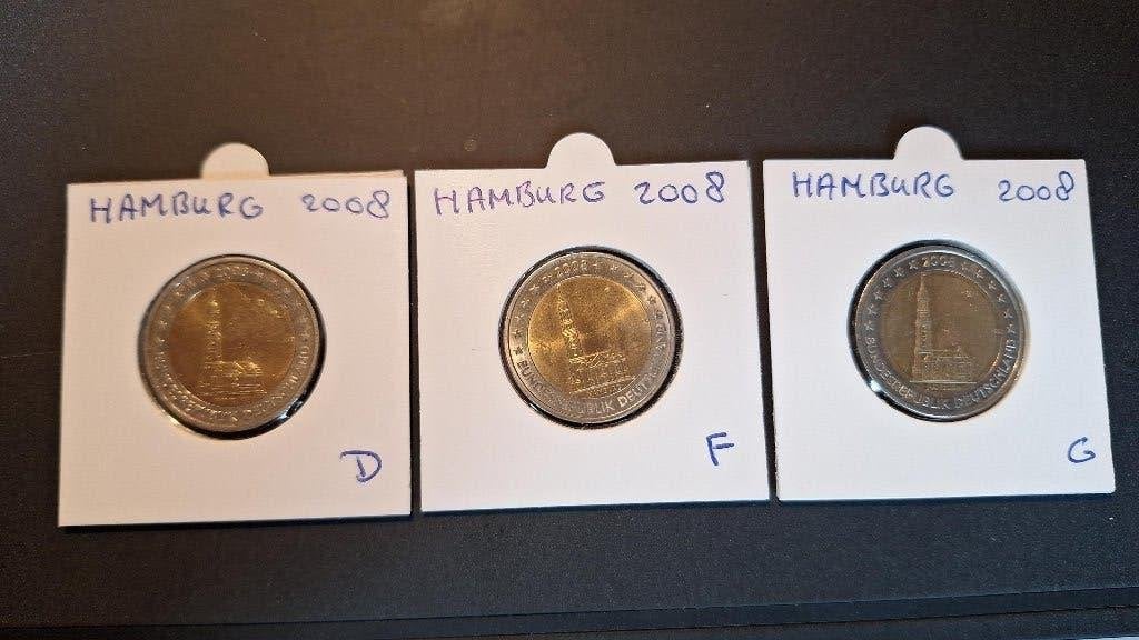 2 Euromunten Duitsland 2008 Hamburg, D, F en G, Ophalen of Verzenden, Duitsland, 2 euro, Setje