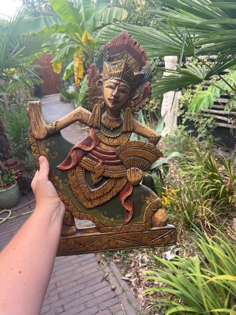 Houtsnijwerk wandpaneel uit Bali Indonesie polychroom 50 cm, Verburgt Vintage, Gebruikt, Oosters, Meerkleurig