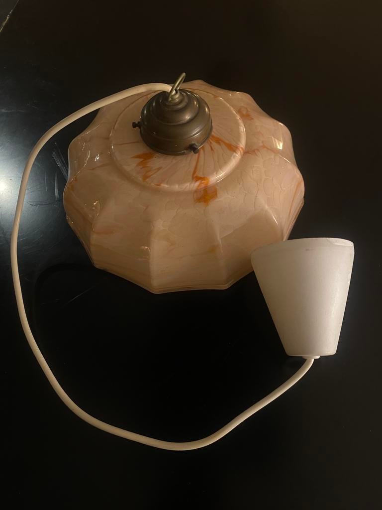 Zalmroze gemarmerde Art deco hanglamp, Ophalen of Verzenden
