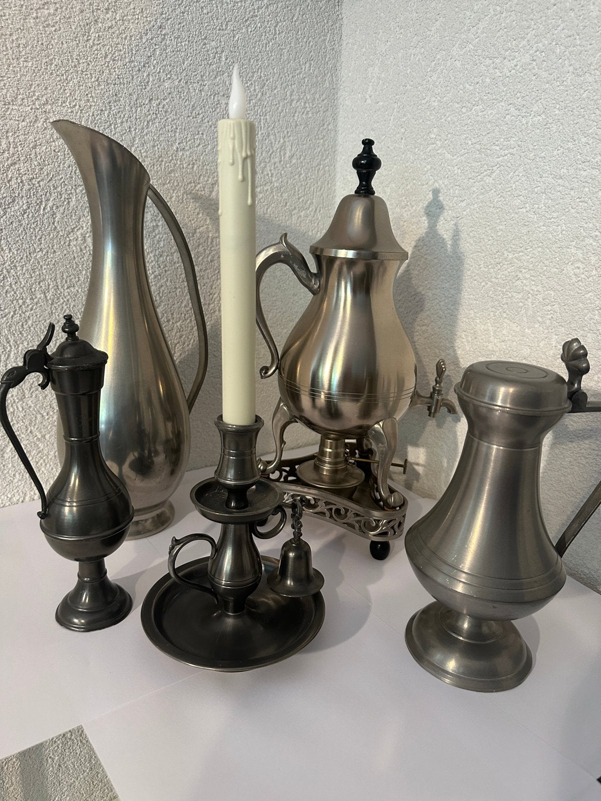 Antieke tinnen collectie: kannen, theepot en kandelaar, Antiek en Kunst, Ophalen