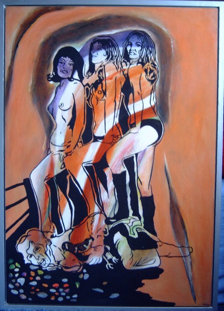 schilderij Man met kip 75x105cm, Ophalen of Verzenden