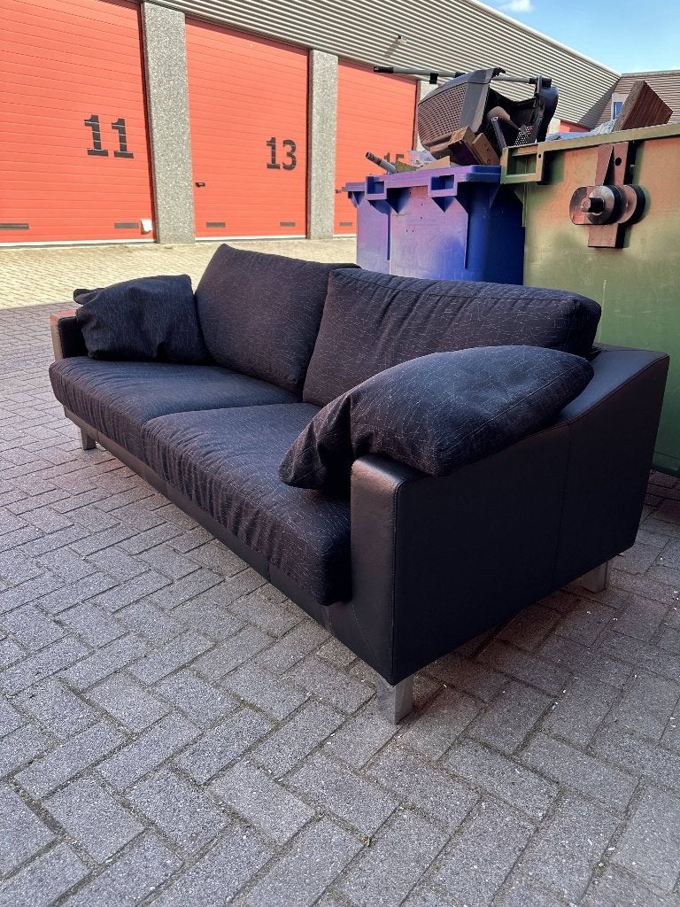 Leolux 3-zitsbank – zwart leer met stoffen kussens, Ophalen, Gebruikt, Driepersoons, 75 tot 100 cm