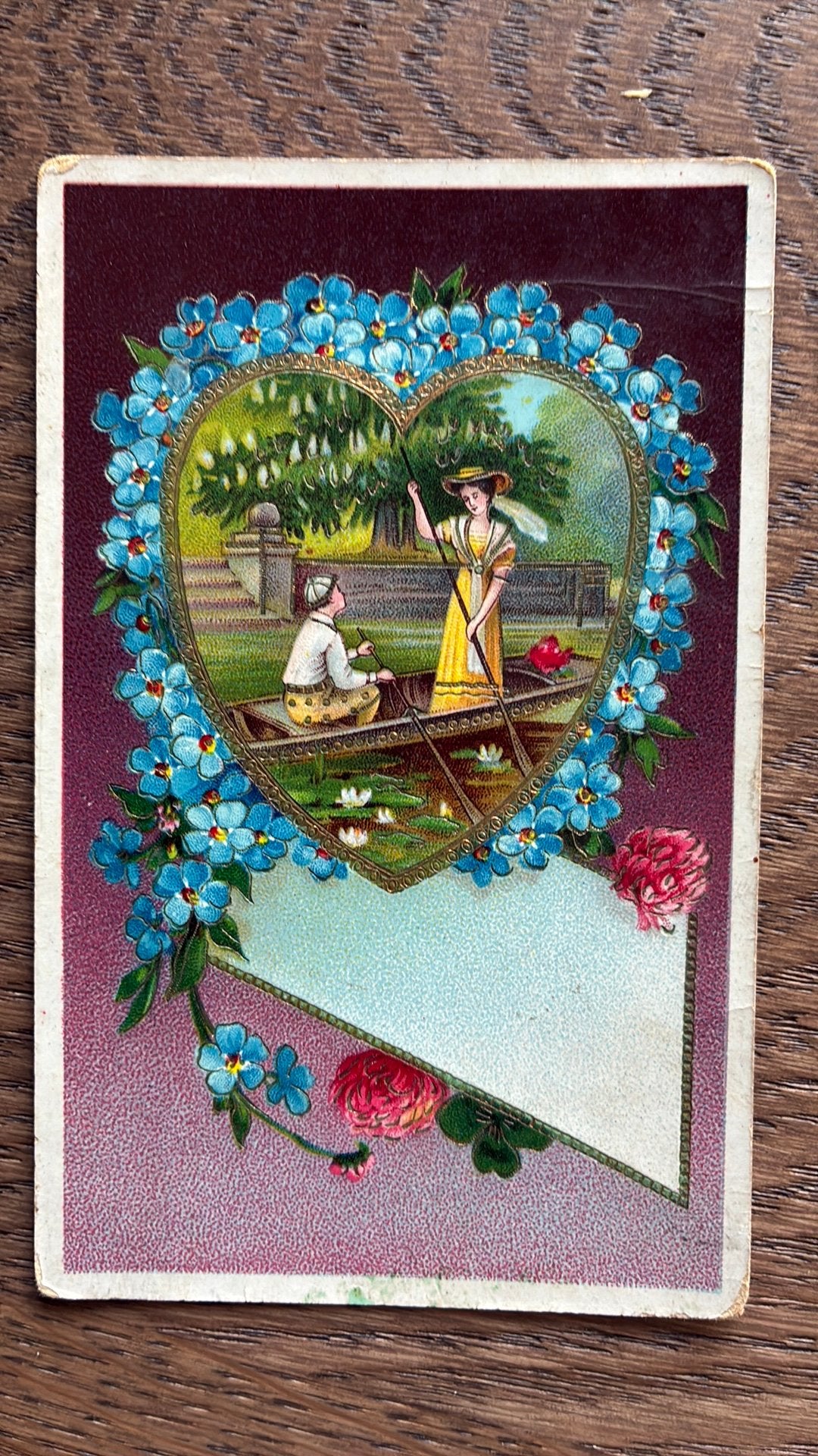 Romantisch,hart vergeetmijnietjes, klaver,samen in bootje, Ophalen of Verzenden, Voor 1920, Gelopen