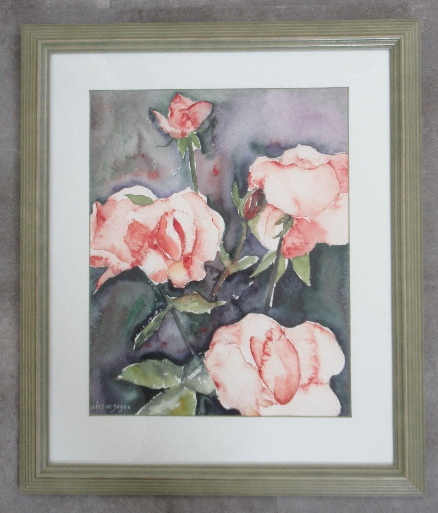 Lies de Jager: Roze rozen, aquarel, Ophalen of Verzenden