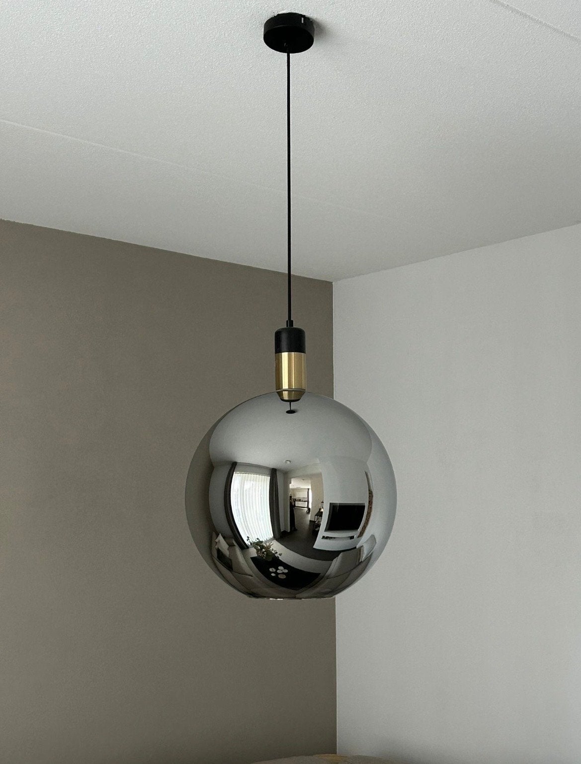 Moderne spiegelbol hanglamp - chroom/zwart, Ophalen, Zo goed als nieuw, Metaal, E27 (groot)