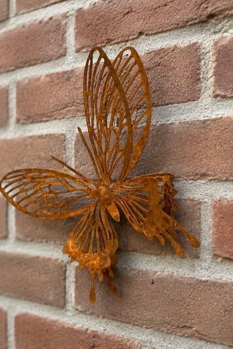 3D Cortenstaal Vlinder Wanddecoratie 15x12 cm, Metaal, Wandsculptuur, Industrieel, Nieuw