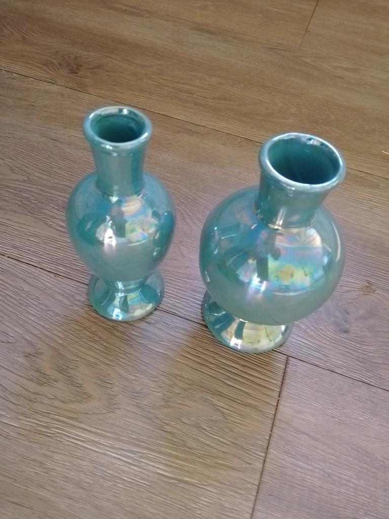 Set van 2 iriserende turquoise vaasjes, Ophalen of Verzenden