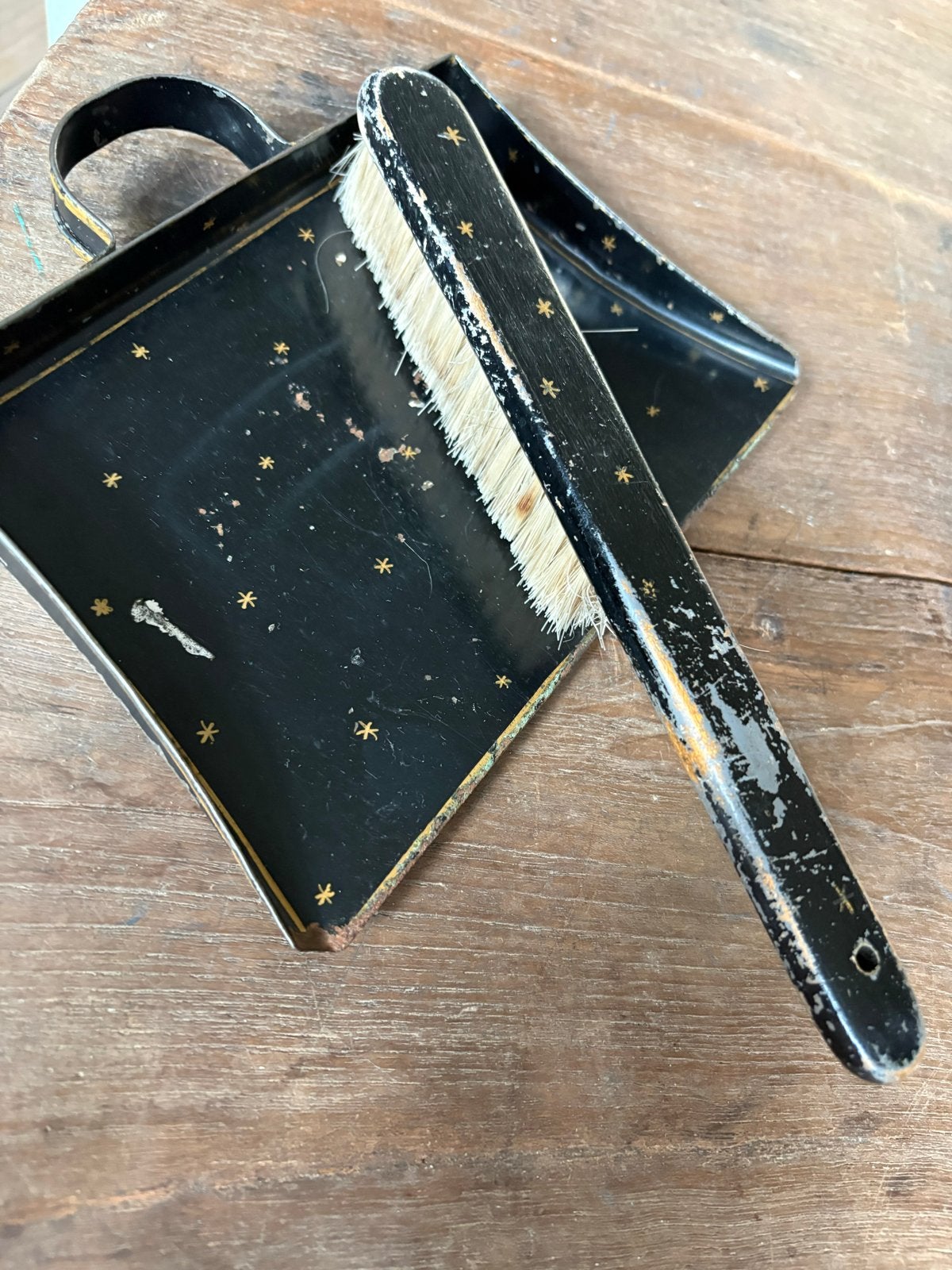 Antiek veger en blik setje met sterrenpatroon, Ophalen of Verzenden