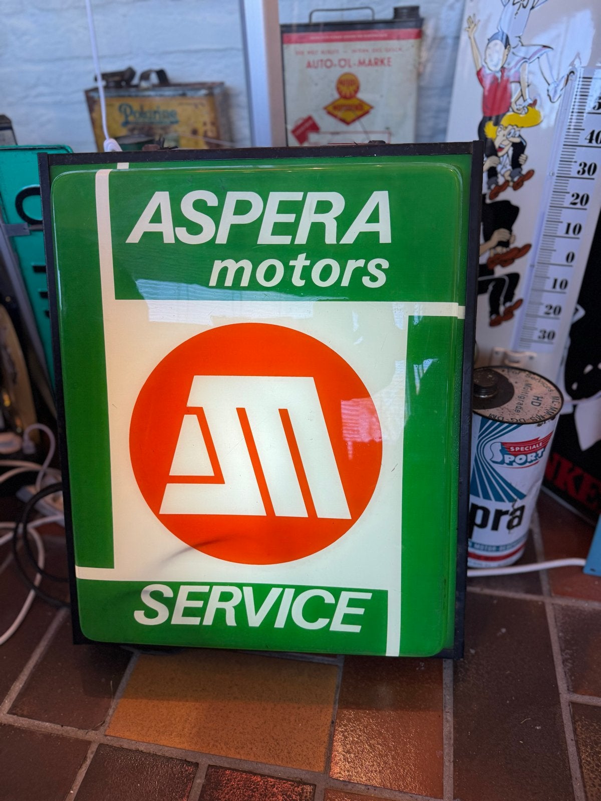 Vintage Aspera Motors Service Lichtbak Reclamebord, Ophalen