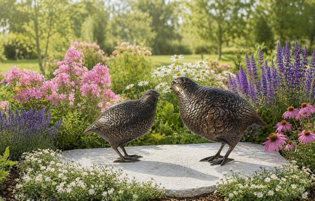 SET KWARTELS / BRONZEN TUINBEELD / VOGEL, Tuin en Terras, Tuinbeelden, Nieuw, Info@huisentuindecoratiemarie.nl, Huis en tuin decoratie marie