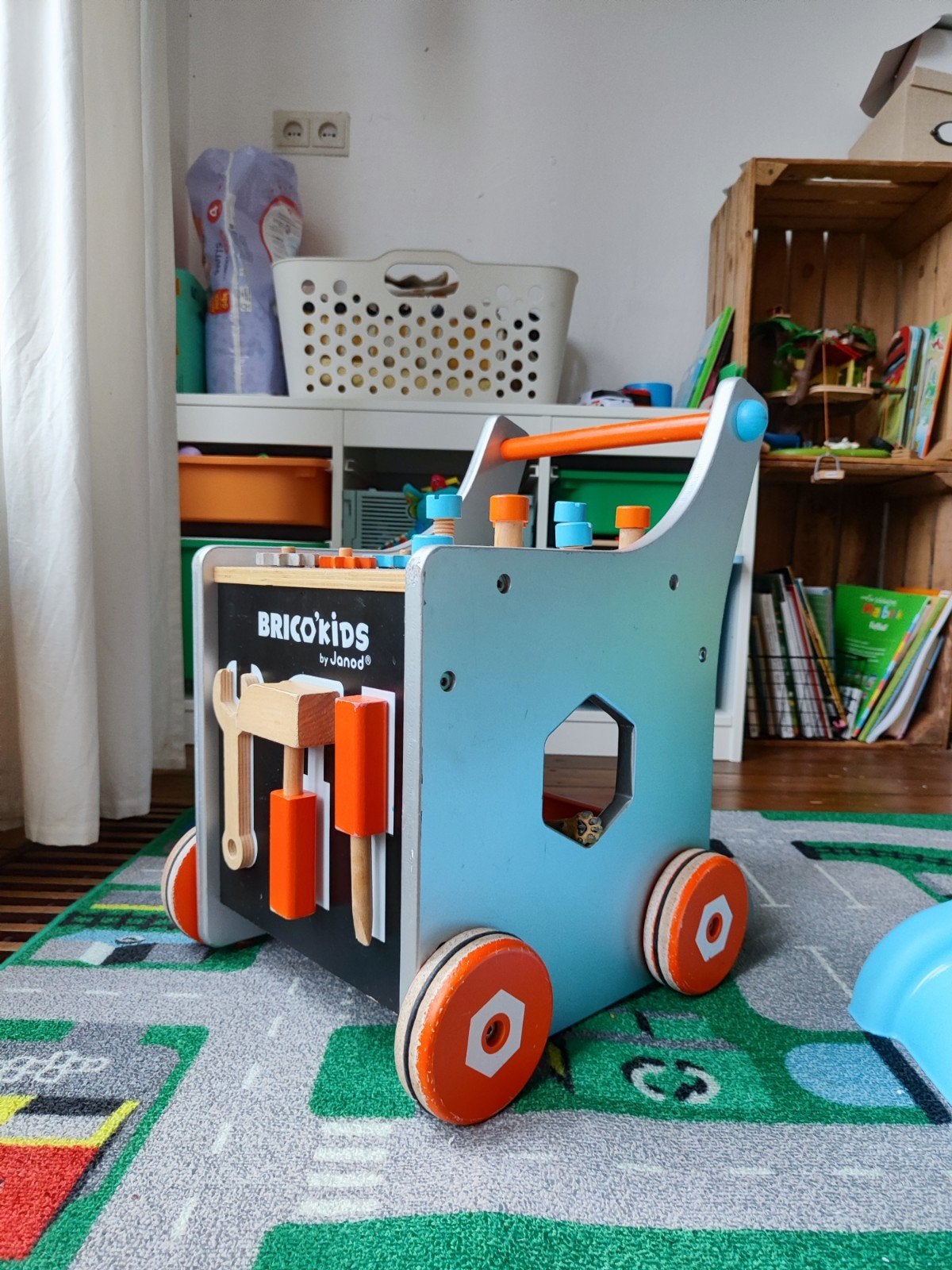 Janod Brico'kids Houten Loopwagen met Werkbank, Ophalen, Gebruikt, Overige typen, Met wieltjes