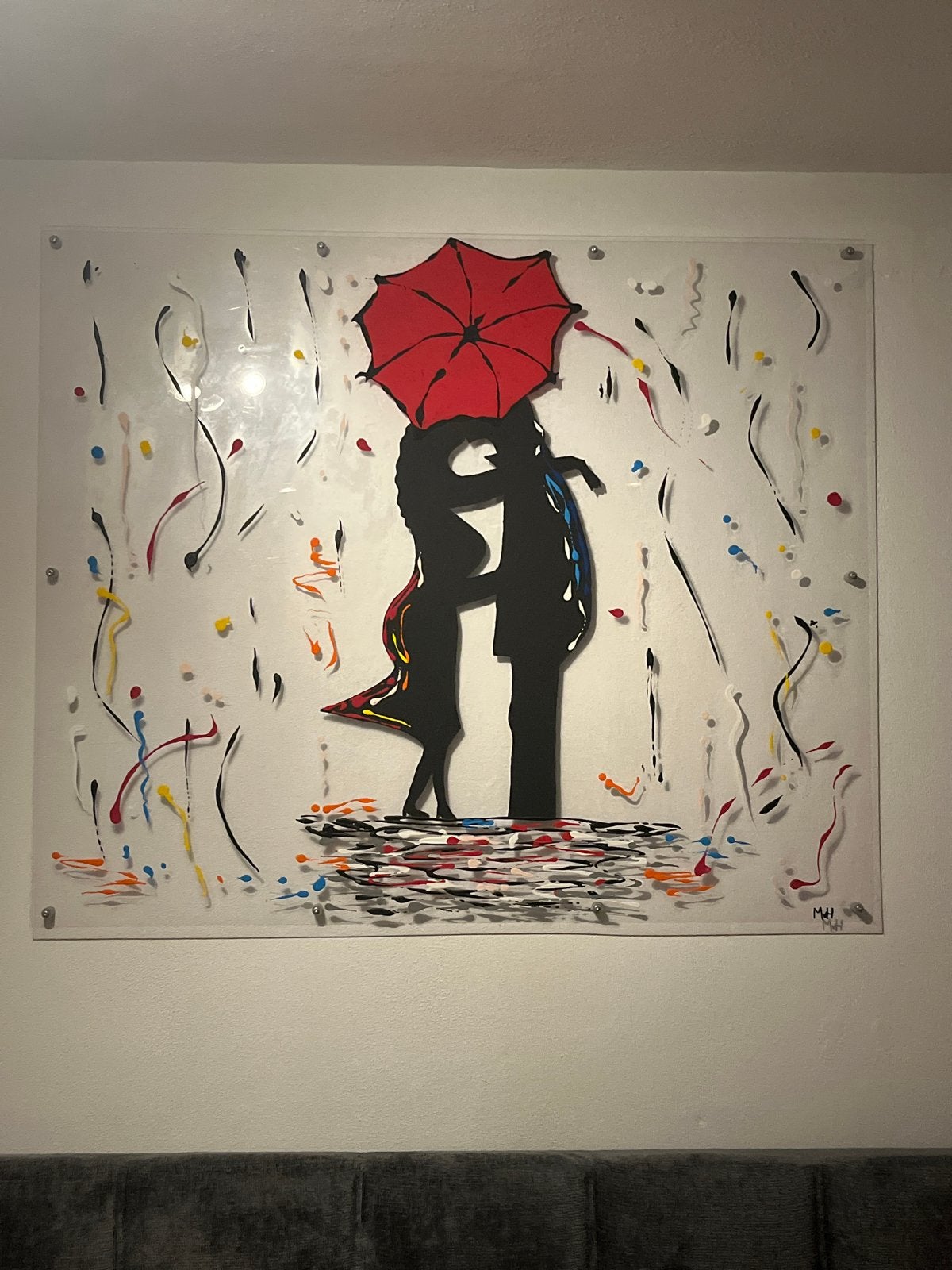 Romantisch schilderij: Liefde in de regen met rode paraplu, Antiek en Kunst, Ophalen