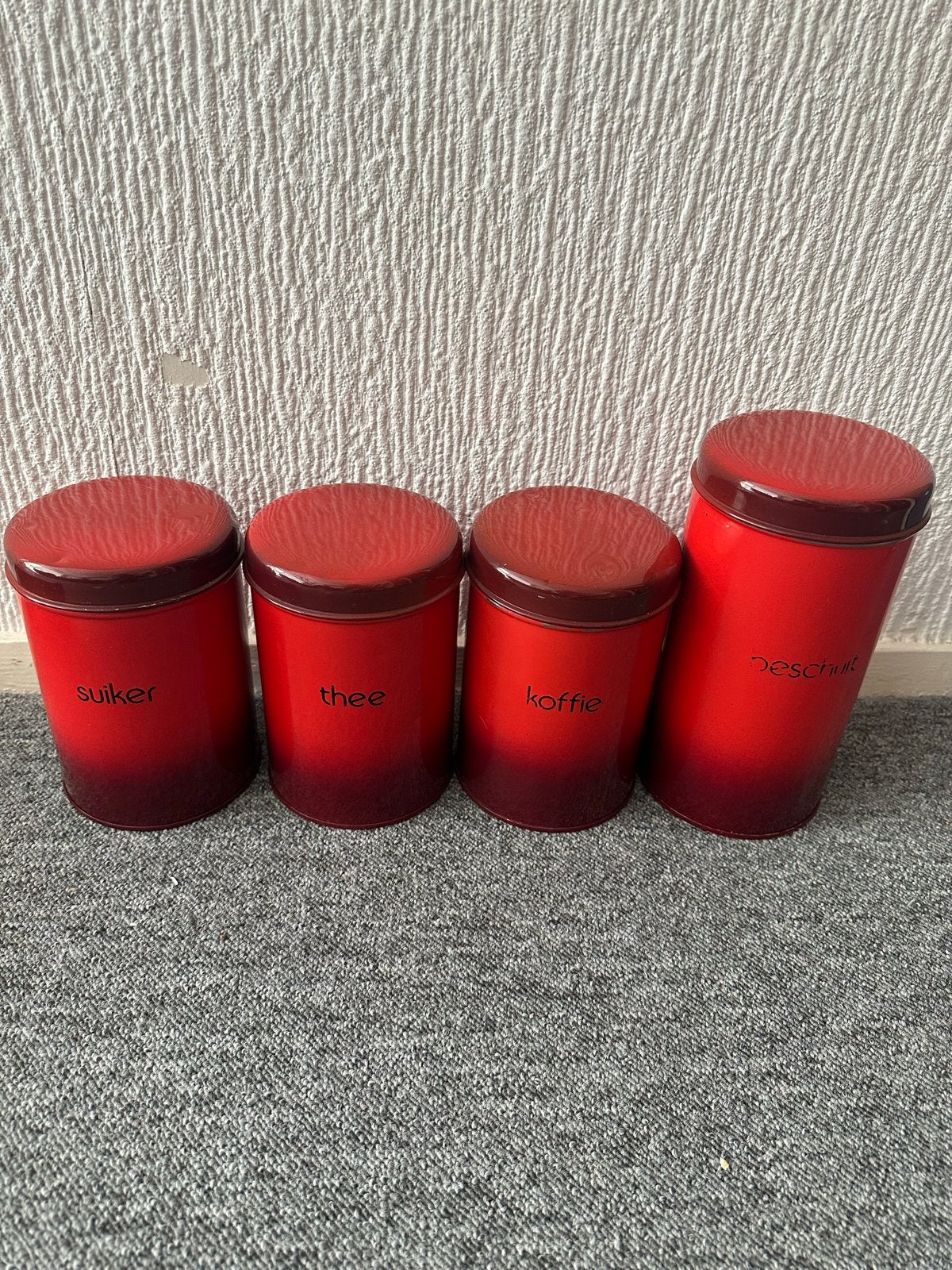 Vintage voorraadpotten set - Suiker, Thee, Koffie, Beschuit, Gebruikt, Ophalen of Verzenden, Voorraadpot, Metaal