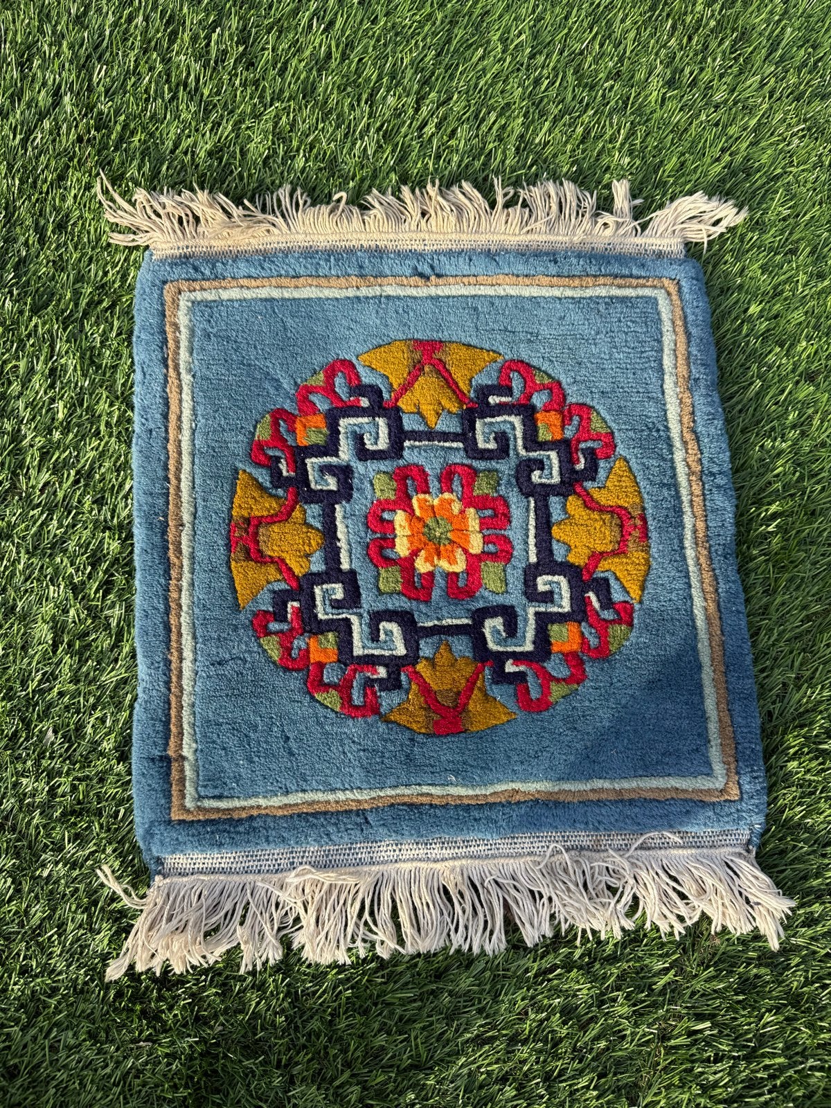 Traditioneel handgeknoopt Tibetaans meditatiekleedje, Minder dan 50 cm, Gebruikt, Blauw, Vierkant