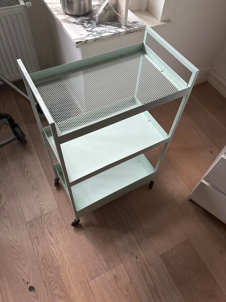 Mintgroene metalen trolley / serveerwagen met 3 planken, Ophalen, Zo goed als nieuw