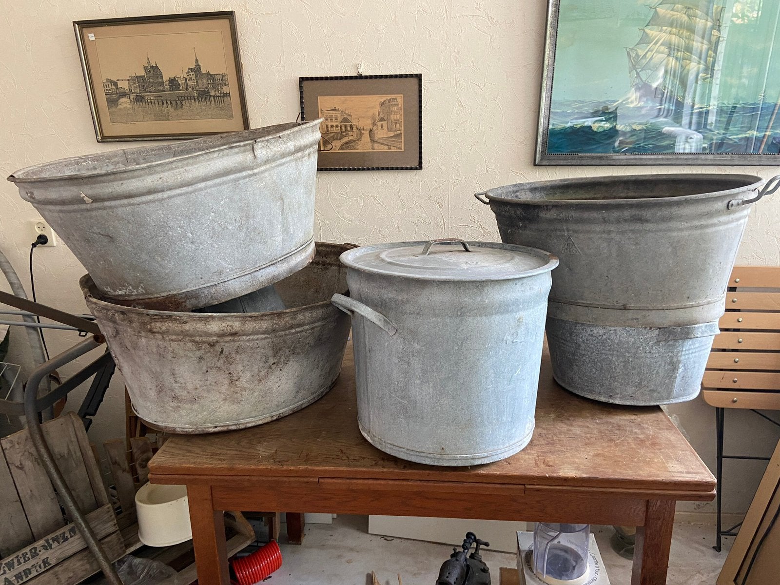 5 Antieke zinken was teilen wastobbes brocante, Ophalen of Verzenden