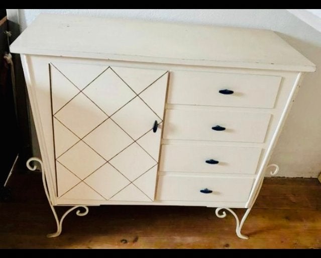 Crèmekleurig antiek prinsessen dressoir met lades en deur, Ophalen, Gebruikt, 100 tot 150 cm, Met lade(s)