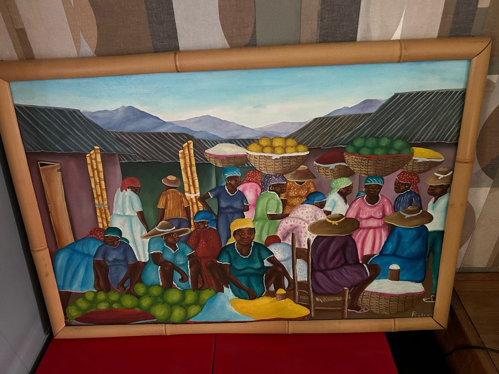 Levendig marktgezicht schilderij, Figuren, Ophalen of Verzenden, Overige materialen, Gesigneerd