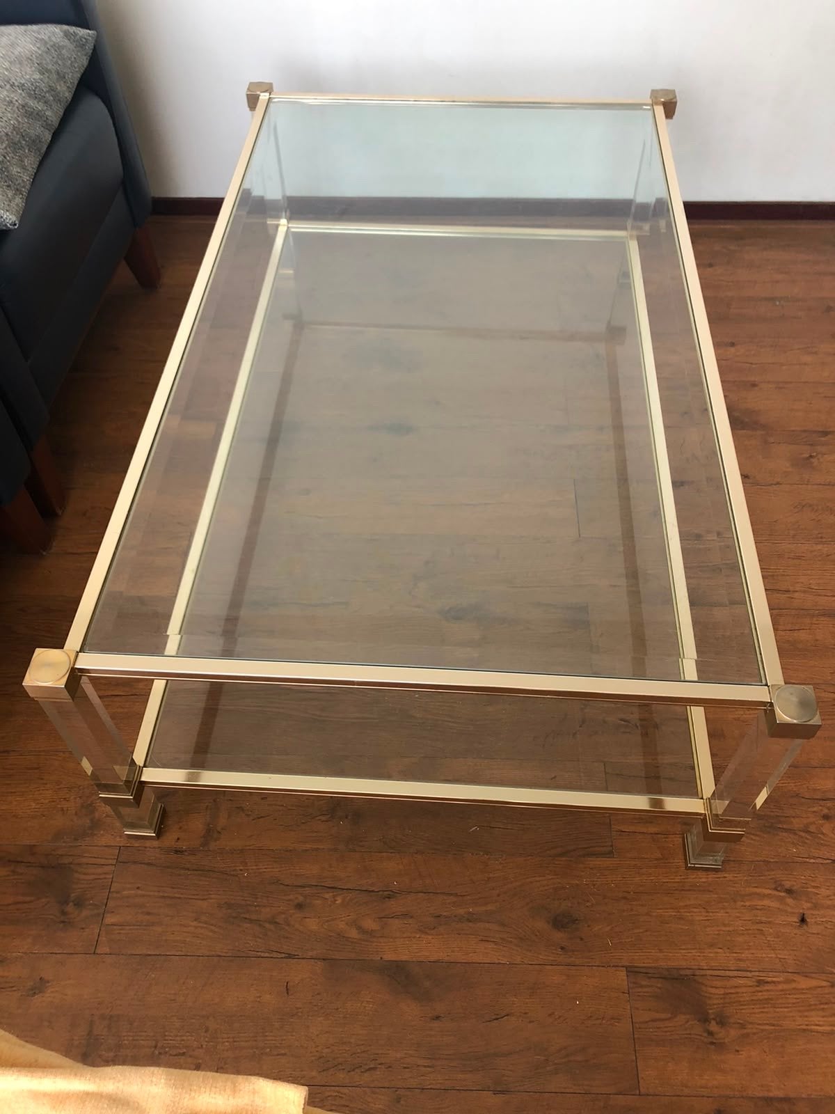 Pierre Vandel salontafel - messing, glas, plexiglas, Huis en Inrichting, Tafels | Salontafels, Ophalen, Gebruikt, 50 tot 100 cm