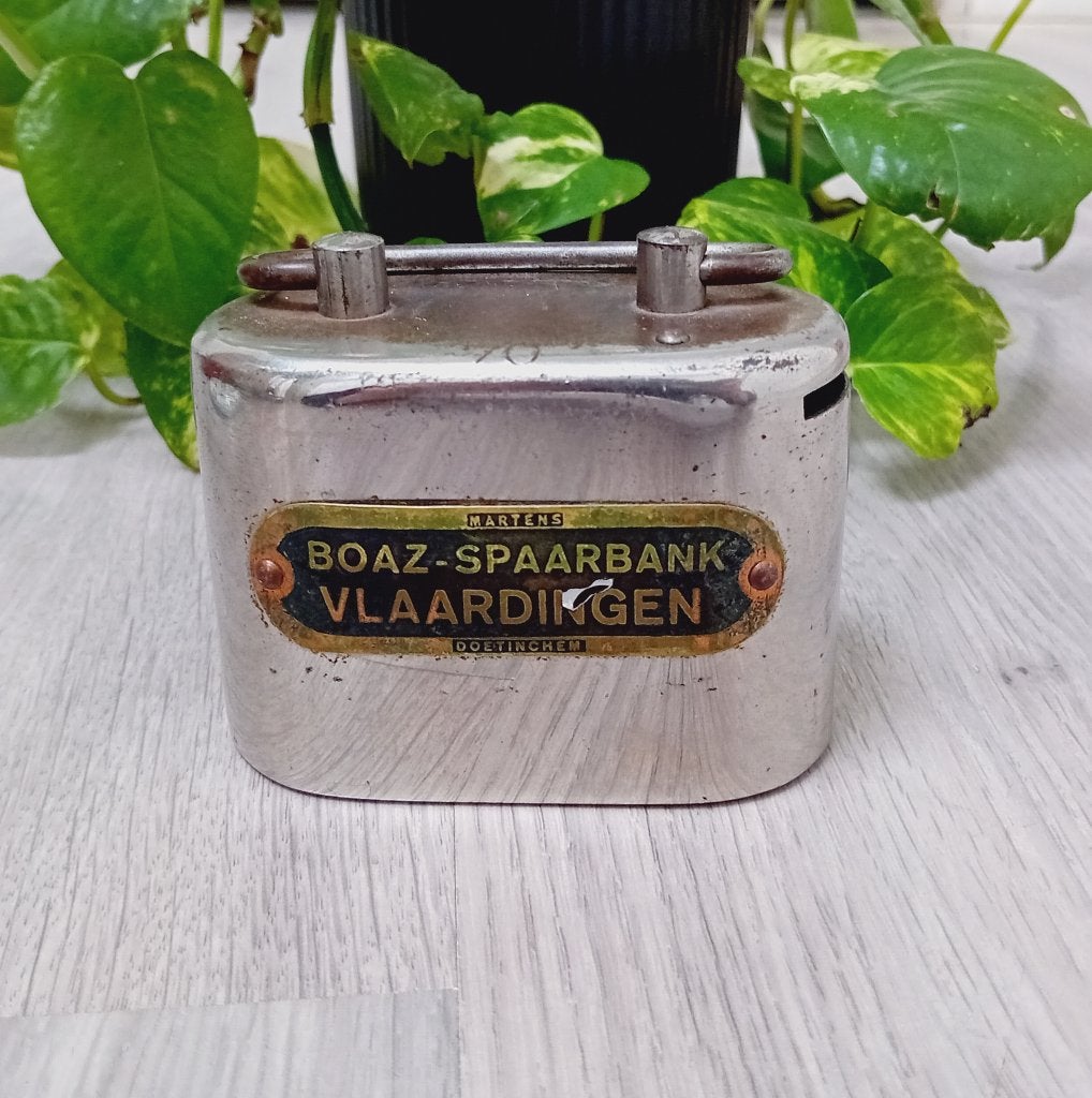vintage spaarpot spaarbank vlaardingen, zonder sleutel, Verzenden, Gebruikt, Metaal of Blik, Overige thema's