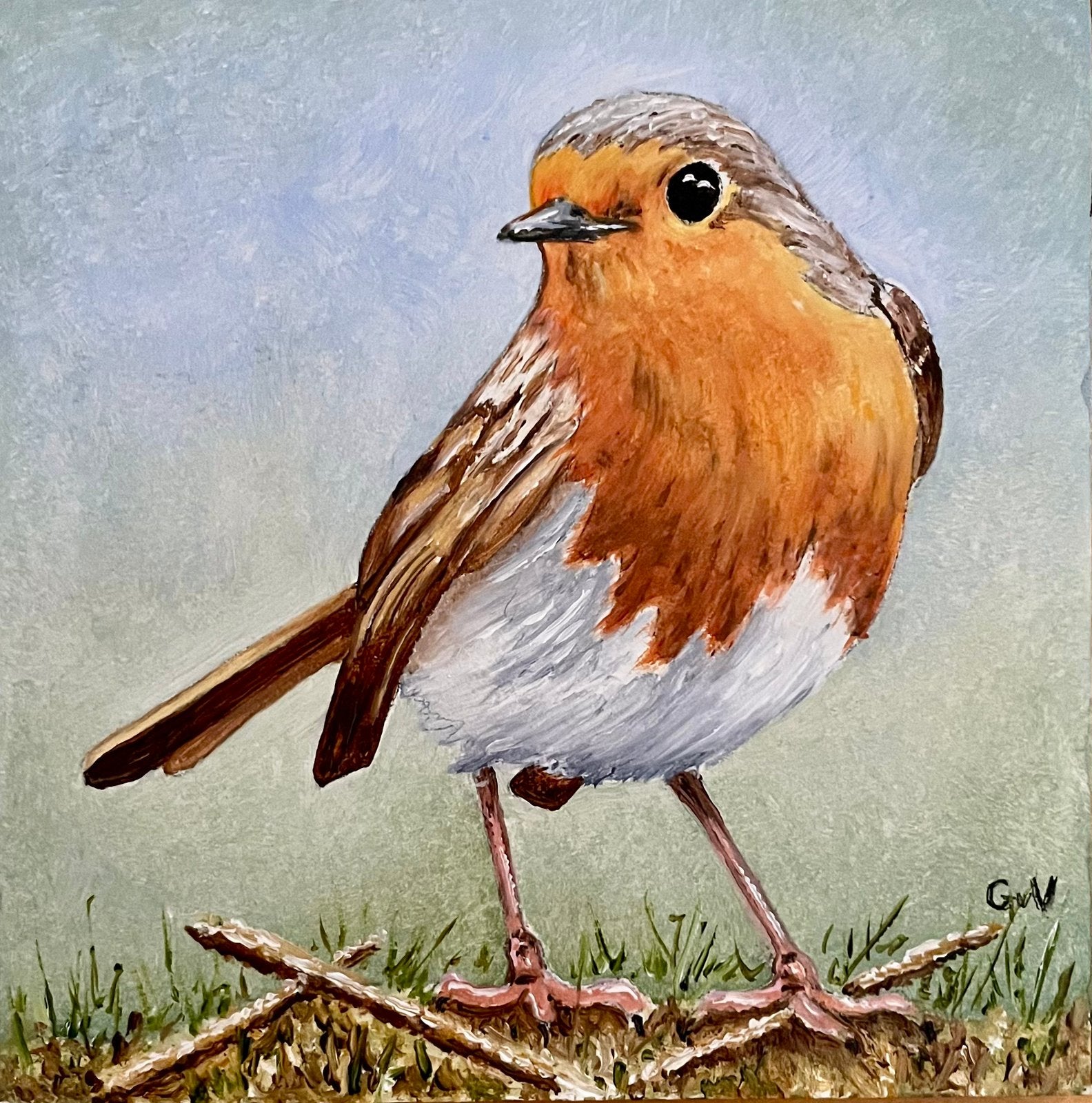 Schlderijtje Roodborst - vogelkunst, Ophalen of Verzenden, Gesigneerd, Olieverf, Dieren