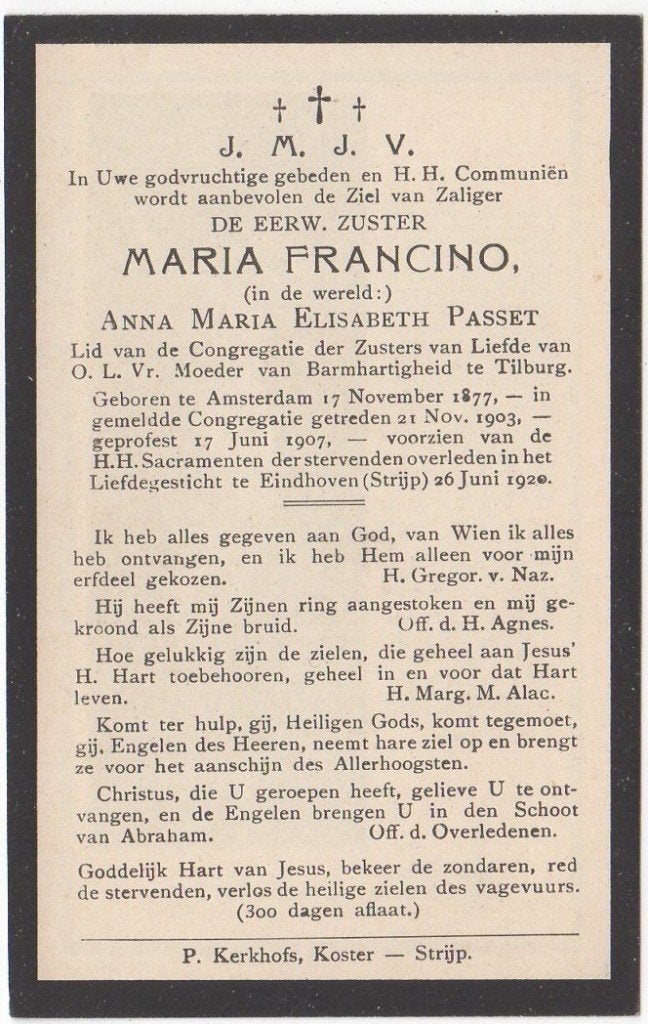 zr. Anna Maria Passet 1877 Amsterdam + 1920 Eindhoven, 42 jr, Verzamelen, Bidprentjes en Rouwkaarten, Verzenden