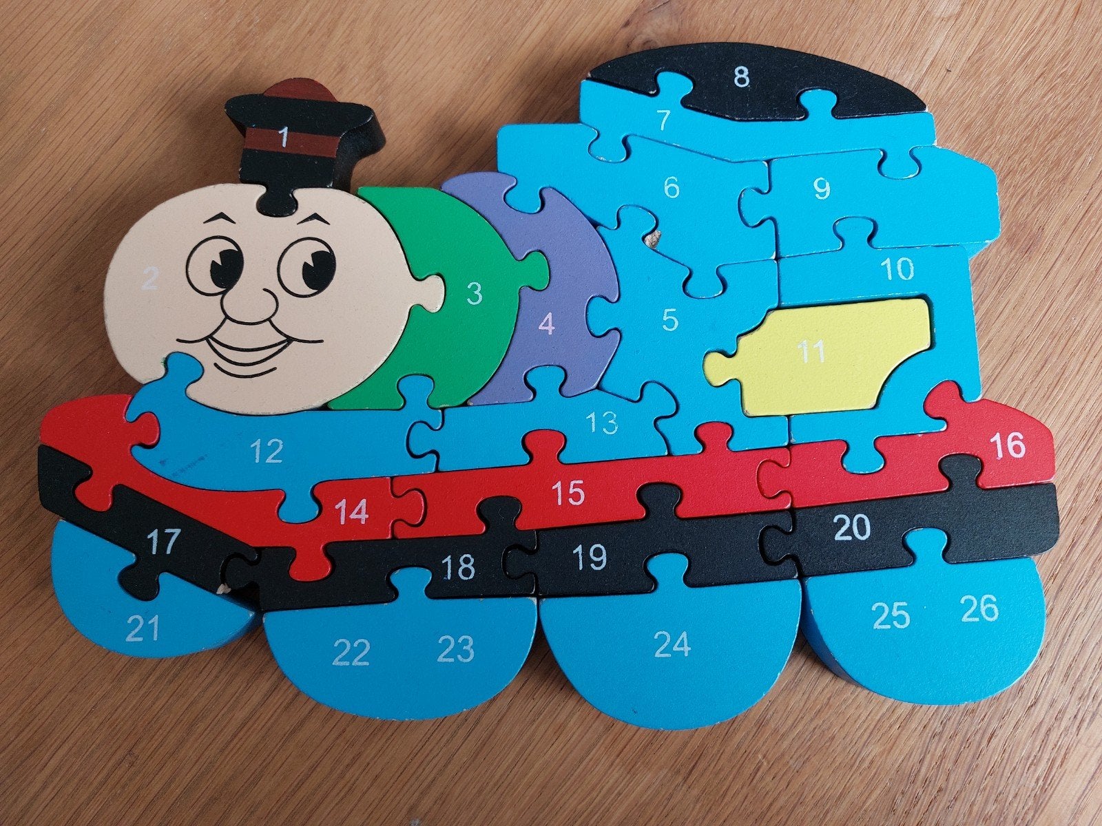 Houten trein puzzel 'Thomas de stoomlocomotief', 2 tot 4 jaar, Gebruikt, 10 tot 50 stukjes, Ophalen of Verzenden