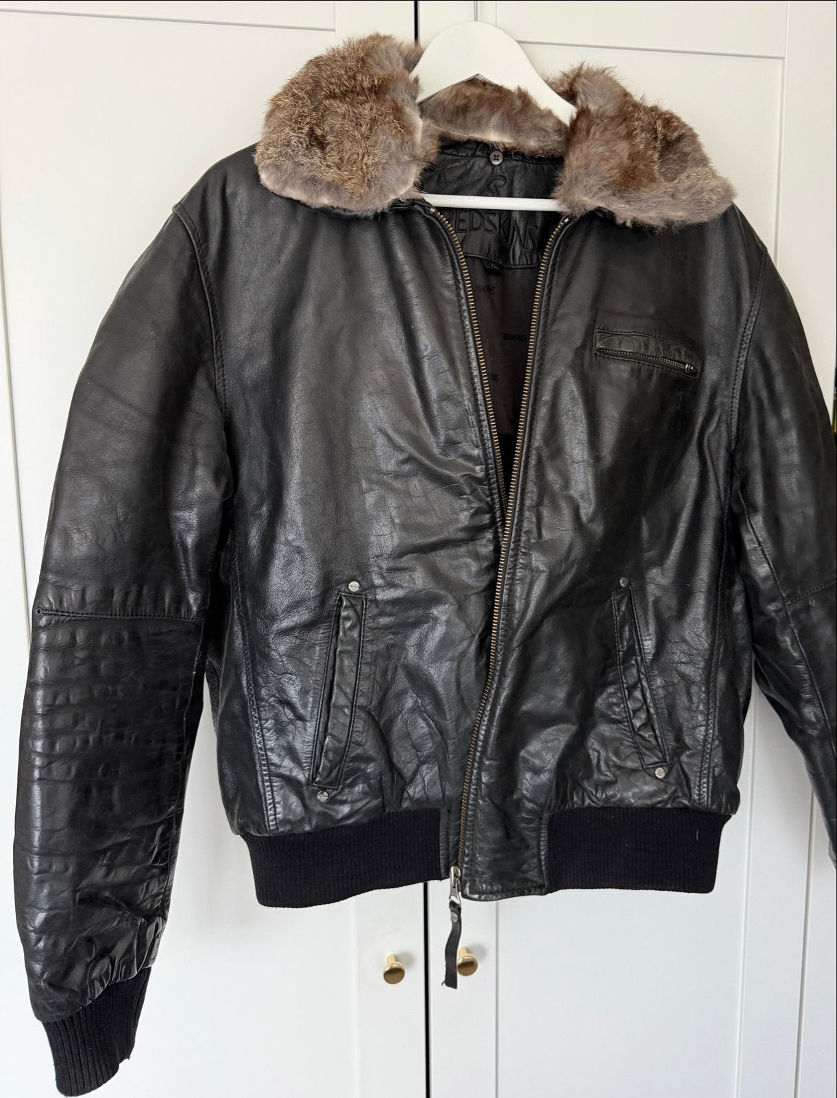 Redskins Leren Bomberjack met Bontkraag - Maat XL, Ophalen of Verzenden, Gedragen, Maat 56/58 (XL), Zwart