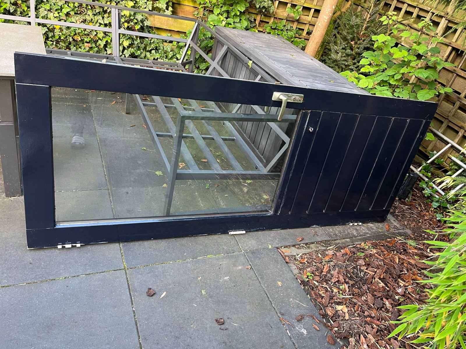 Buitendeur hardhout met dubbelglas, Doe-het-zelf en Verbouw, Deuren en Horren, Ophalen, Gebruikt, 80 tot 100 cm, Buitendeur