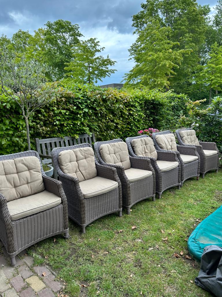 6 Wicker tuinstoelen met kussens, Ophalen, Gebruikt, Wicker