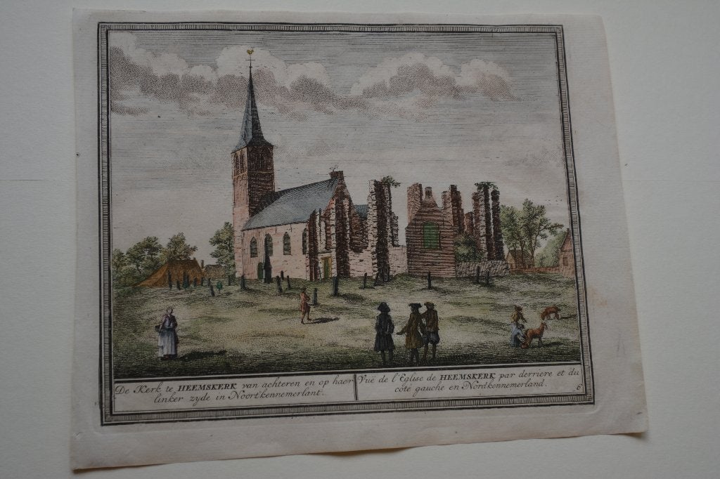 HEEMSKERK KERK EN RUÏNE H. DE LETH 1732-33 KOPERGRAVURE E60, Antiek en Kunst, Kunst | Etsen en Gravures, Verzenden, Stadsgezicht