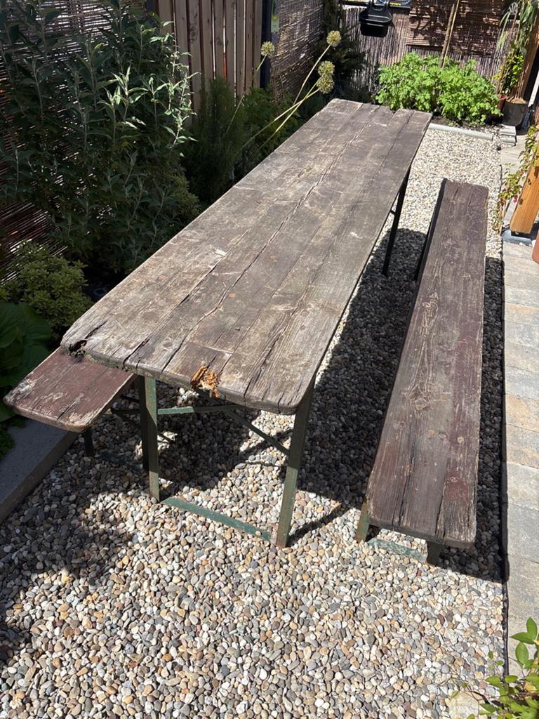 Oude  houten biertafel / picknicktafel opklapbaar, Gebruikt, Ophalen of Verzenden, Inklapbaar, Rechthoekig