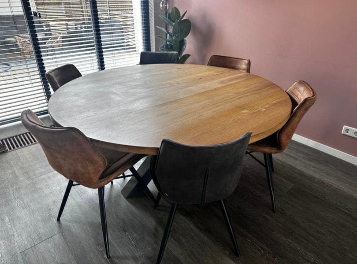 Massief eikenhouten tafel, Ophalen, Zo goed als nieuw, Rond, 50 tot 100 cm