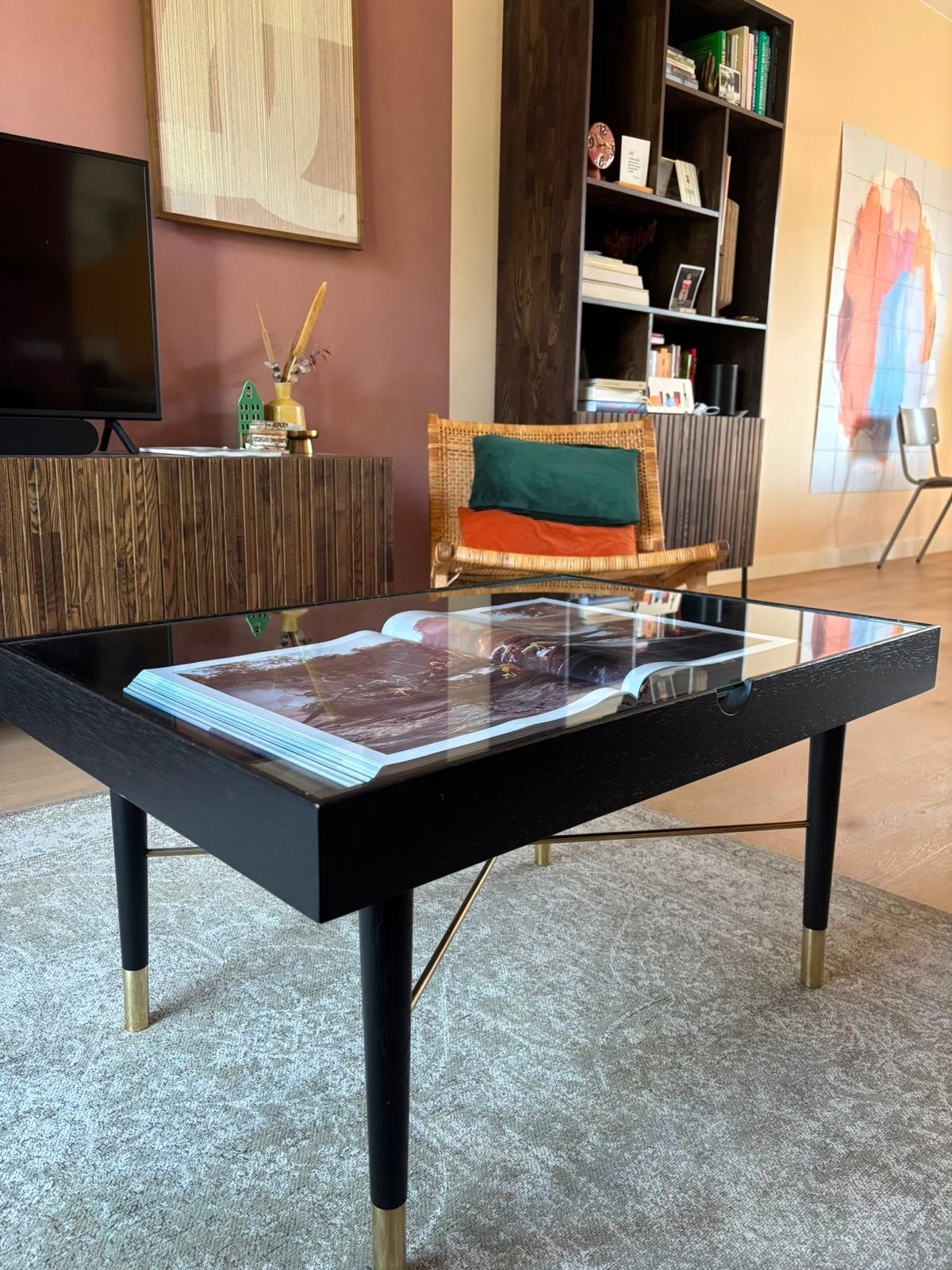 Salontafel met opbergruimte en glasplaat - H&M, Huis en Inrichting, Ophalen, Gebruikt, 100 tot 150 cm, 50 tot 100 cm